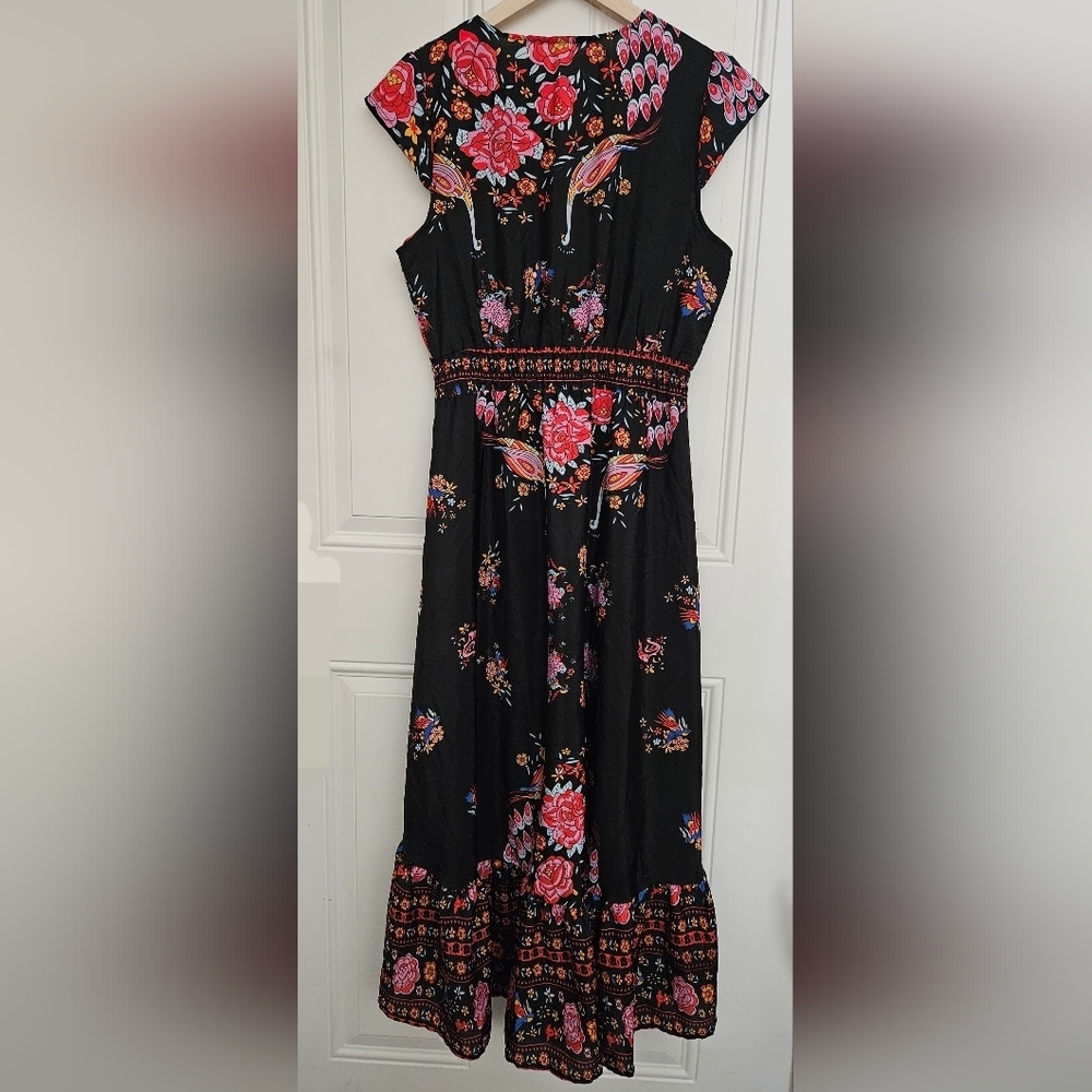 Wish V-Neck Peacock Floral Print Flare Sleeve Bohemian cotton blend Dress size S - Picture 7 of 13